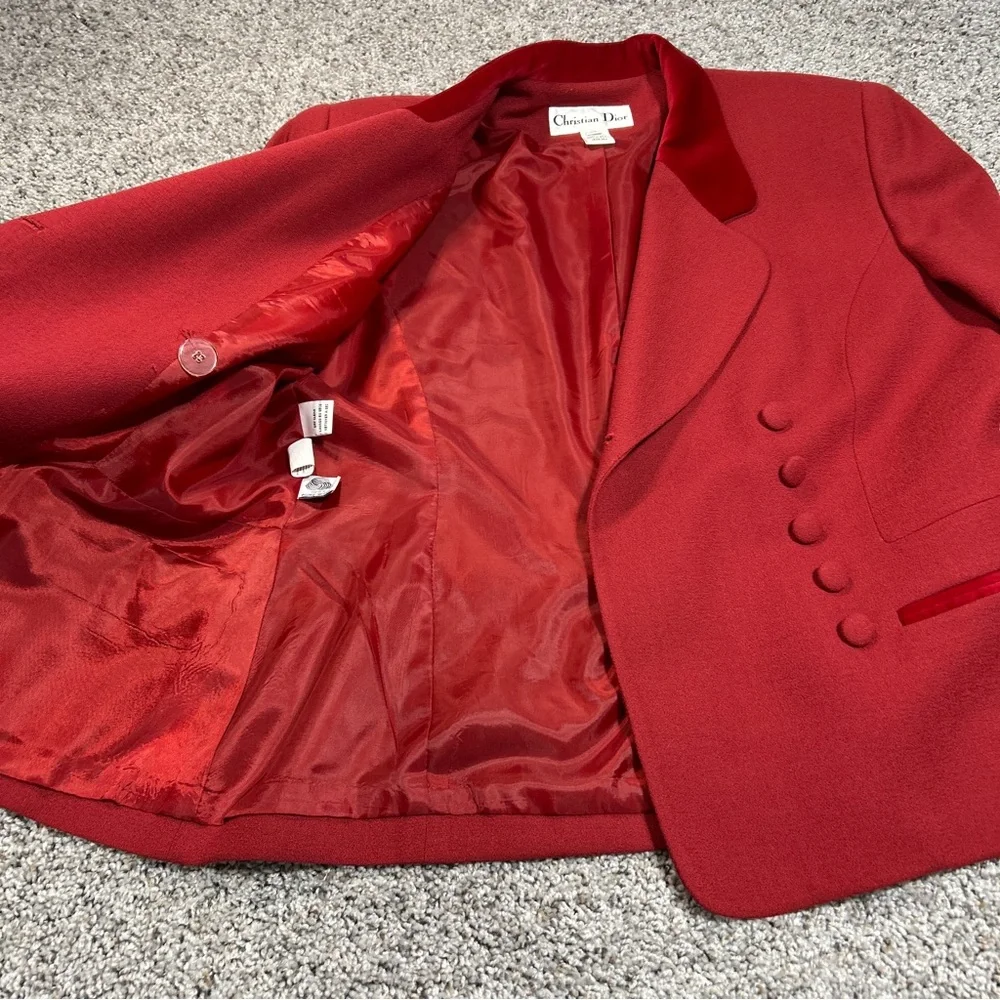 Vintage Christian Dior Double Breasted Red Wool Suit Jacket and Skirt Size 14